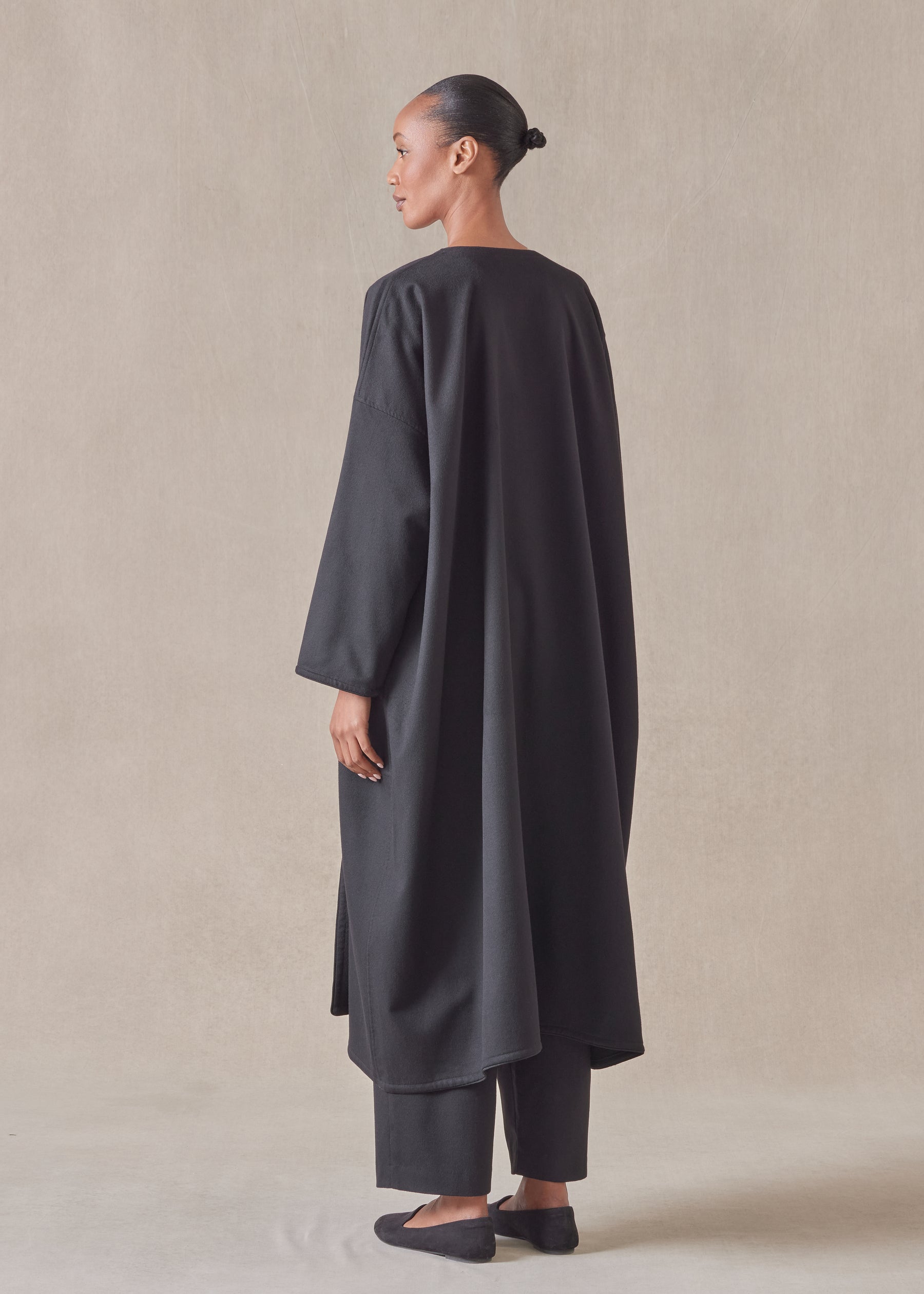 wide a-line v-neck coat with piped edge