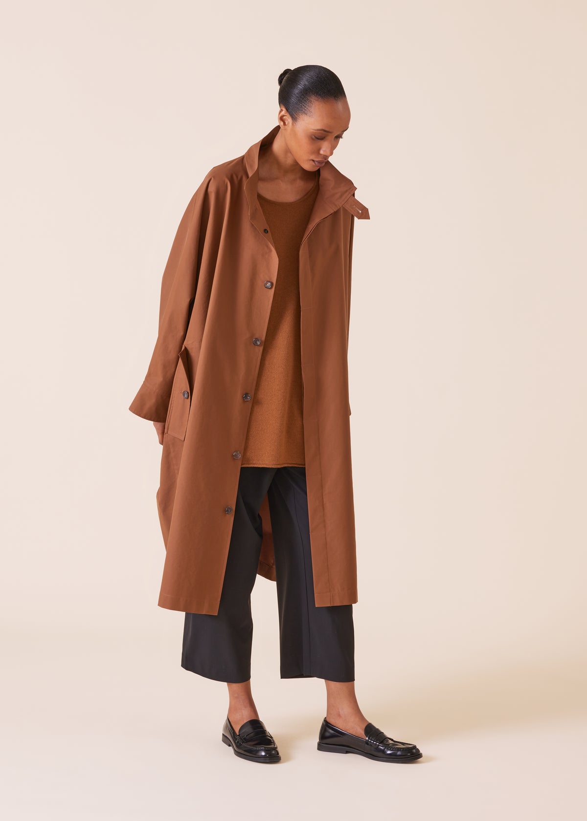 cotton mix extra wide sloped shoulder raincoat with tabs - 3/4 length