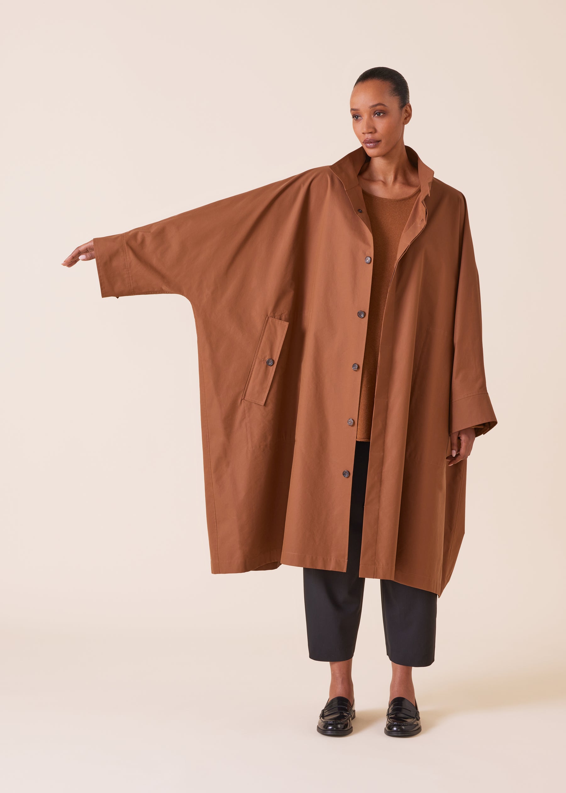 cotton mix extra wide sloped shoulder raincoat with tabs - 3/4 length