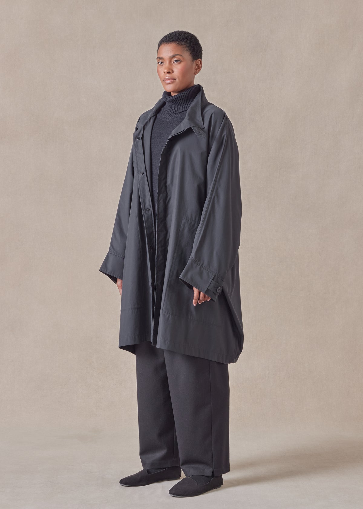 cotton mix extra wide sloped shoulder raincoat with tabs - very long