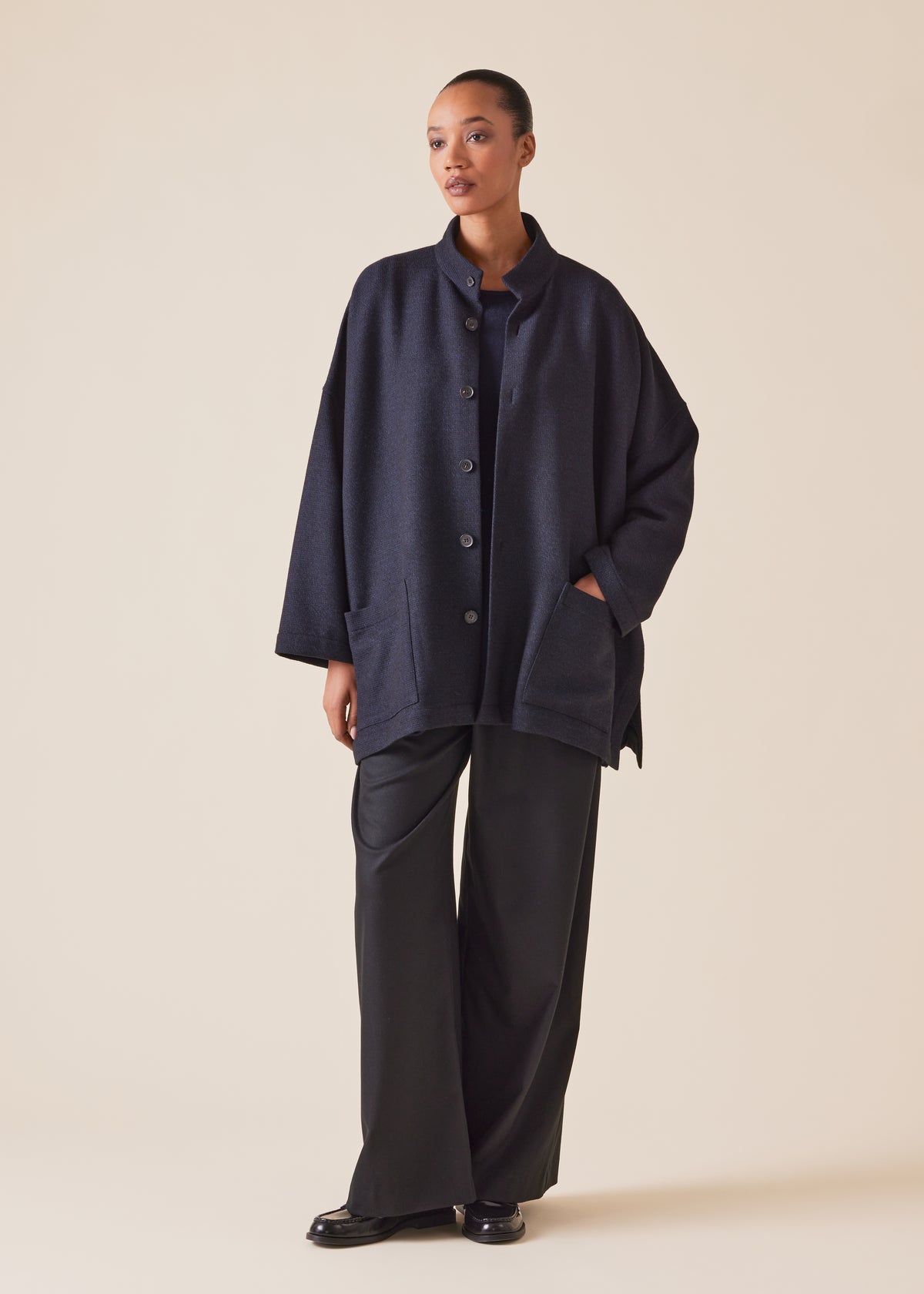 wool cashmere mix wide open stand collar jacket - long