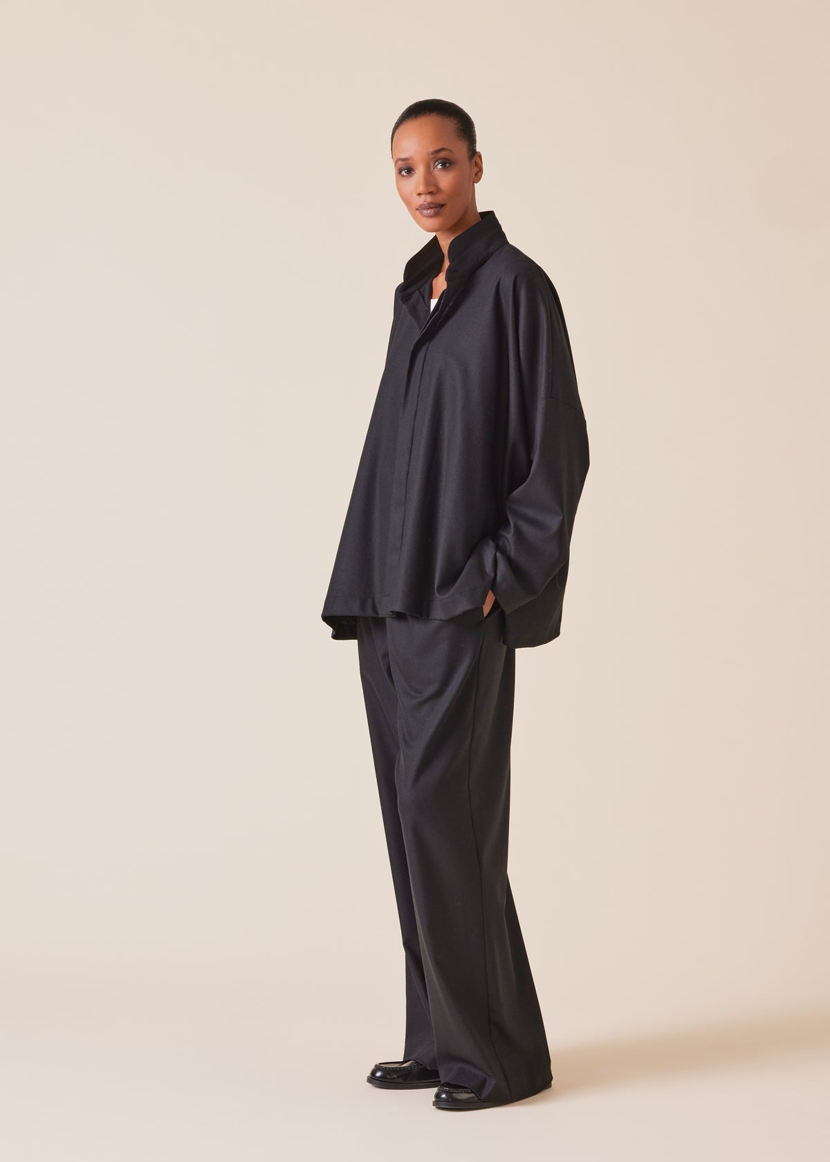 wool cashmere mix wide longer back shirt with double stand collar - mid plus