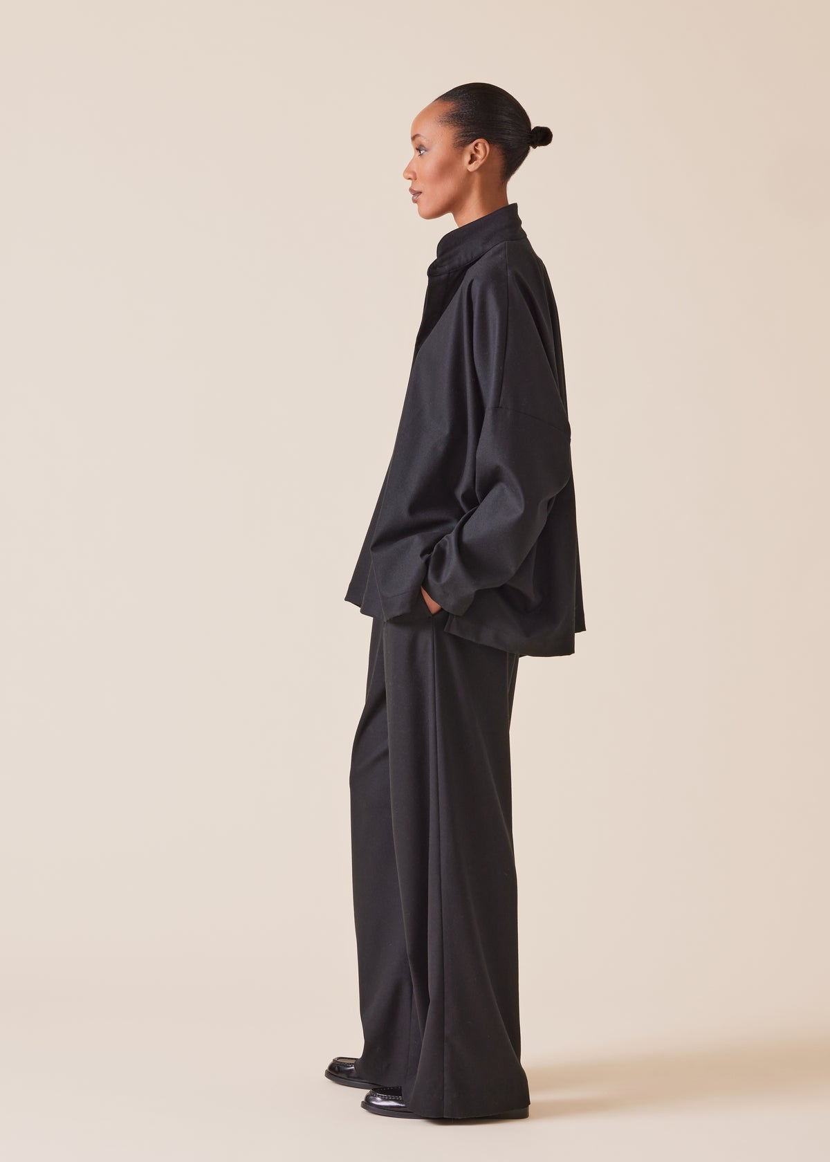 wool cashmere mix wide longer back shirt with double stand collar - mid plus