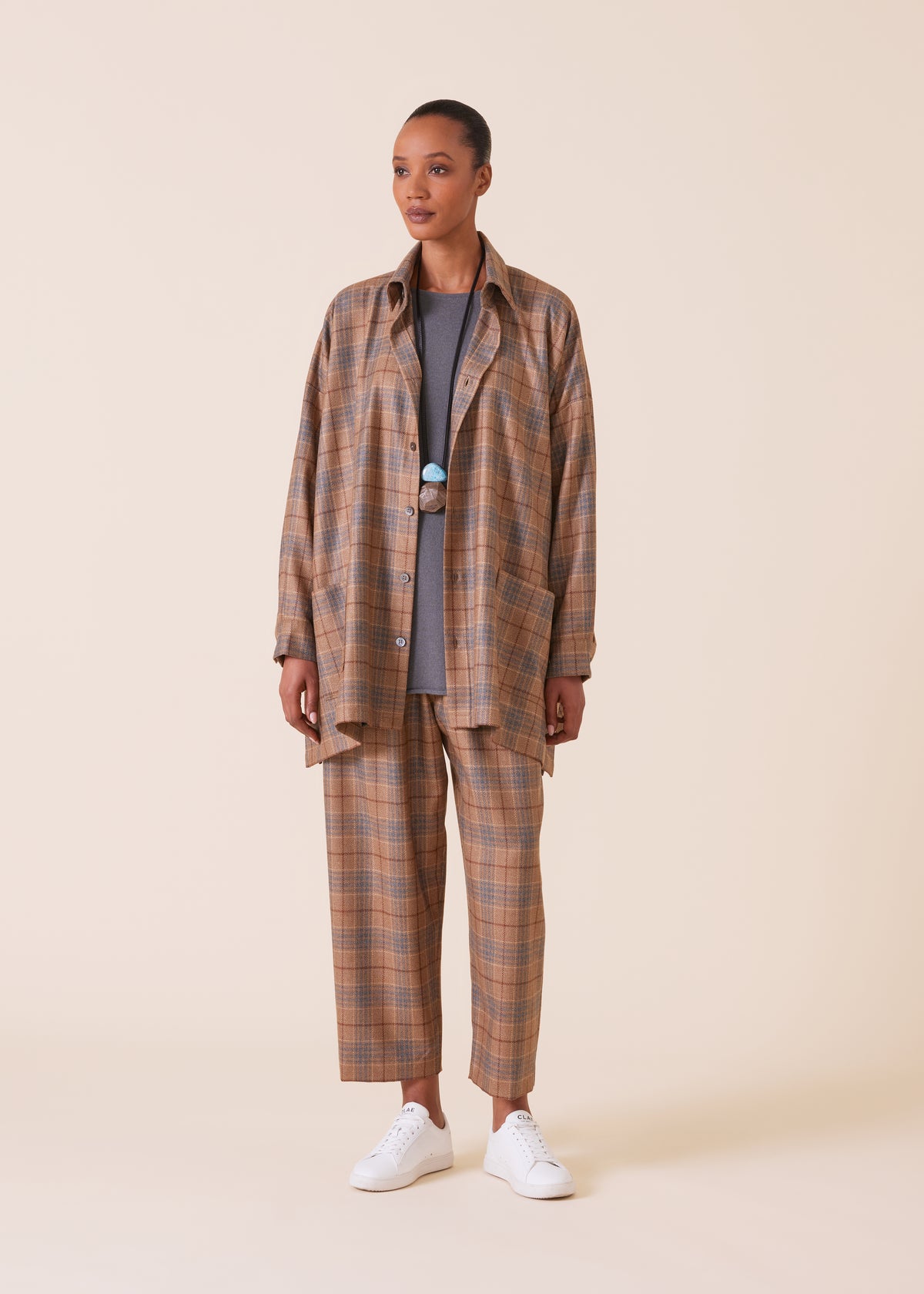 wool silk mix wide a-line shirt jacket with collar - long