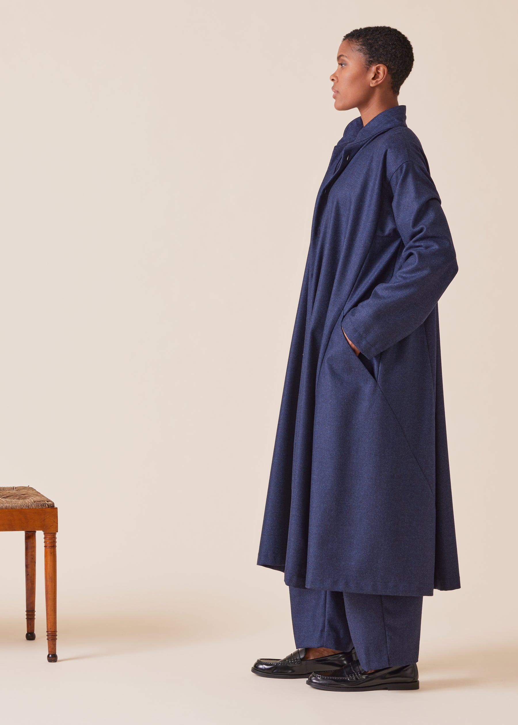 wool silk mix caucasus shirt dress with double stand collar