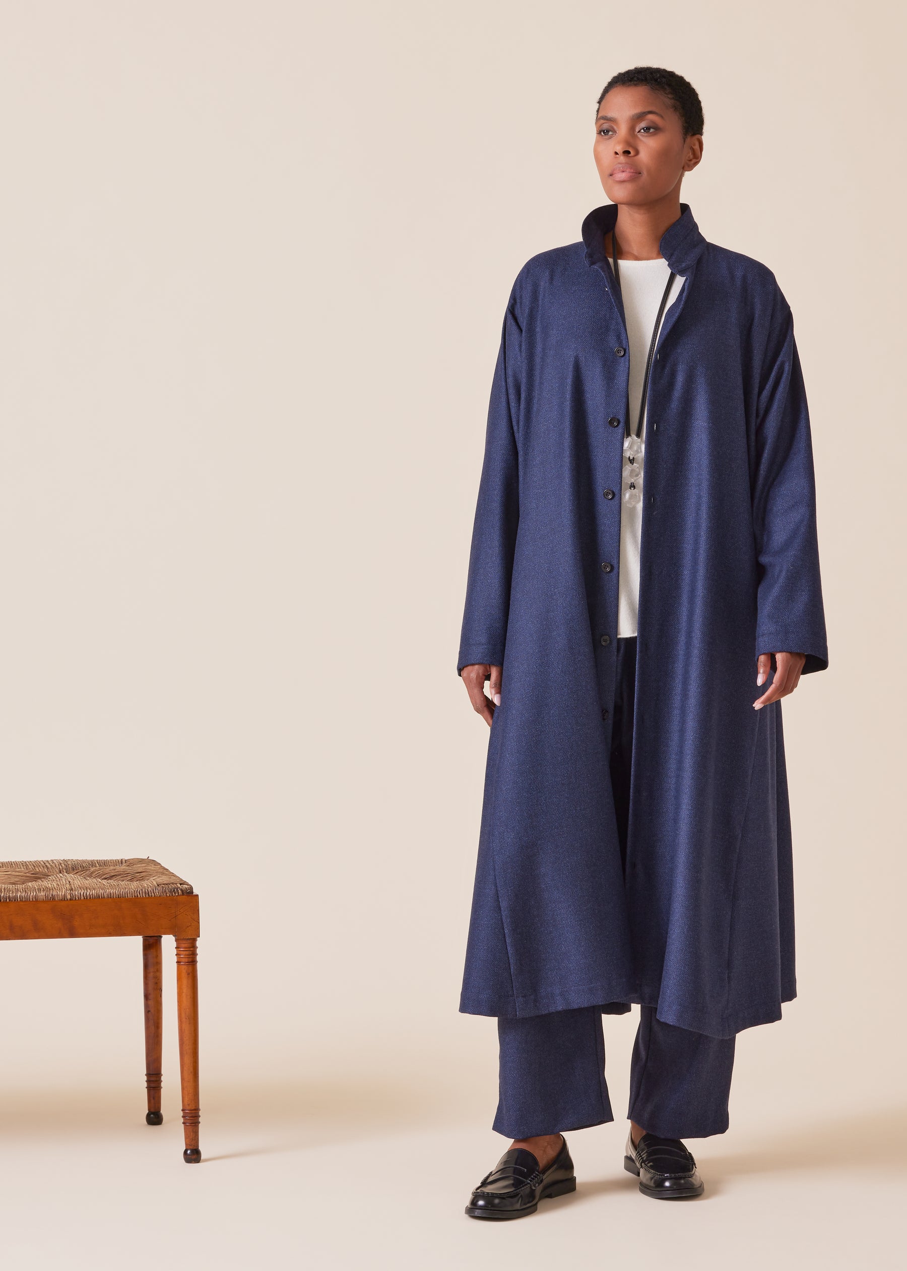 wool silk mix caucasus shirt dress with double stand collar