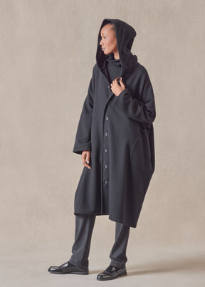 wool cashmere mix wide hooded buttoned coat - 3/4 length