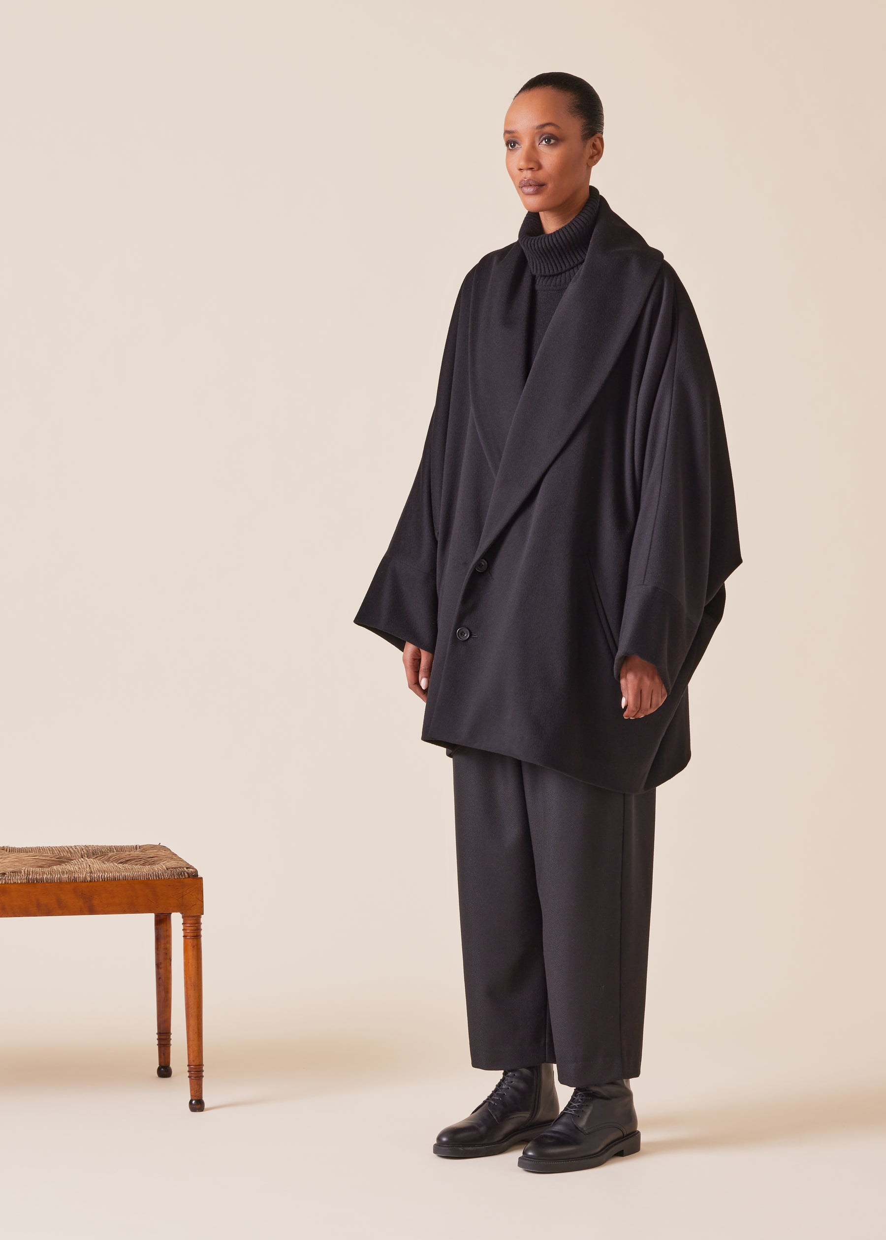 wool cashmere mix sloped shoulder shawl collar cuffed coat - long plus