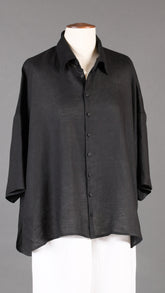 linen sloped shoulder wide a-line short sleeve shirt with collar - mid in black