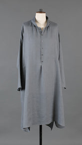 linen sloped shoulder wide a-line pleated collar smock dress in pewter